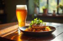 Table rustique avec plat gourmet et bière IPA lumineuse