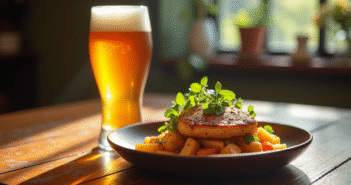 Table rustique avec plat gourmet et bière IPA lumineuse