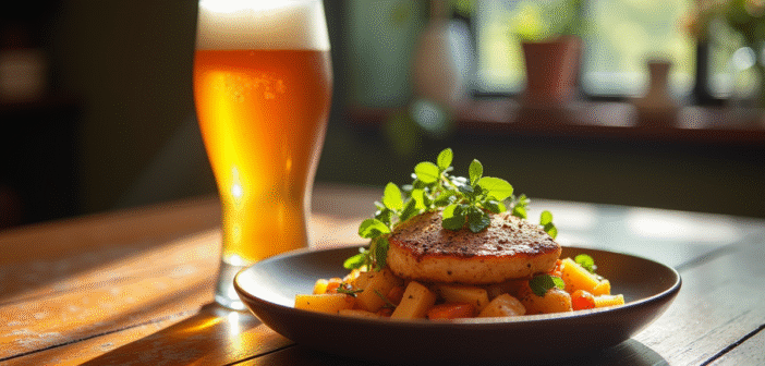 Table rustique avec plat gourmet et bière IPA lumineuse