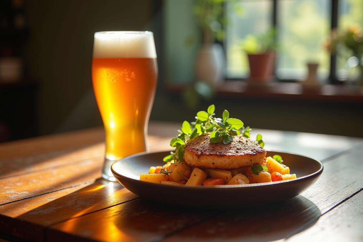 Table rustique avec plat gourmet et bière IPA lumineuse
