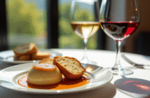 Table gourmande avec foie gras et verres de vin