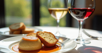 Table gourmande avec foie gras et verres de vin