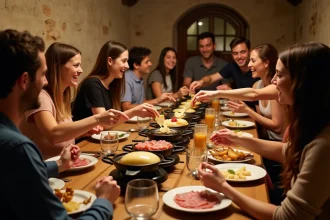 Table de raclette conviviale dressée pour dix personnes avec fromage fondu, charcuterie et pommes de terre