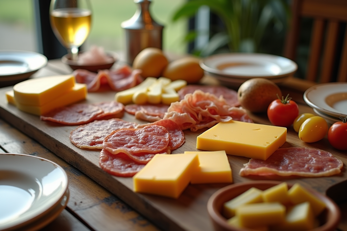 Table raclette avec fromages et charcuterie en lumière naturelle