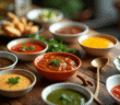 Table de pierrade avec sauces colorées et herbes fraîches