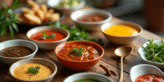 Table de pierrade avec sauces colorées et herbes fraîches