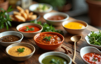 Table de pierrade avec sauces colorées et herbes fraîches