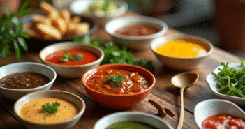 Table de pierrade avec sauces colorées et herbes fraîches