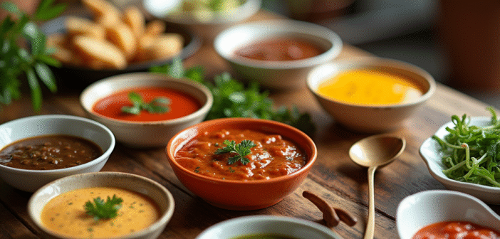 Table de pierrade avec sauces colorées et herbes fraîches