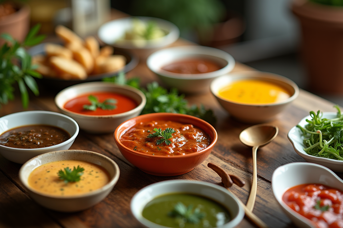 Table de pierrade avec sauces colorées et herbes fraîches