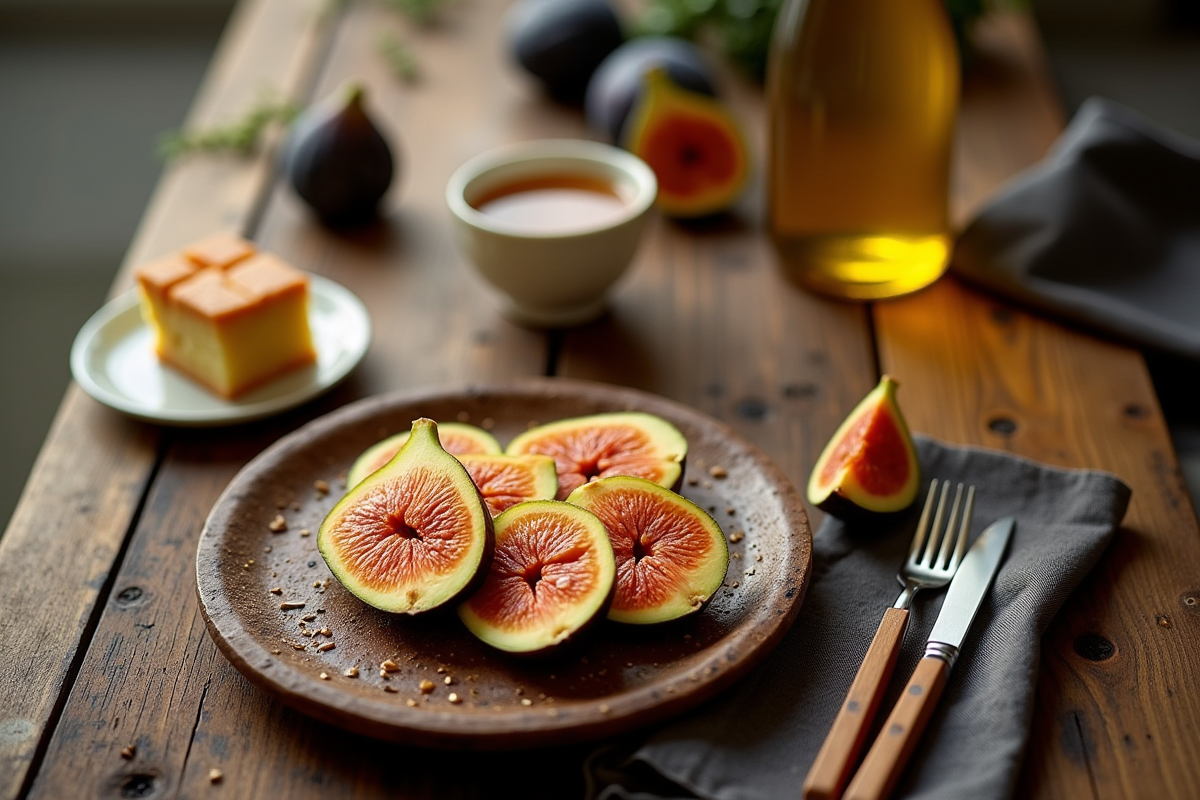 Table rustique avec foie gras et figues en lumière naturelle