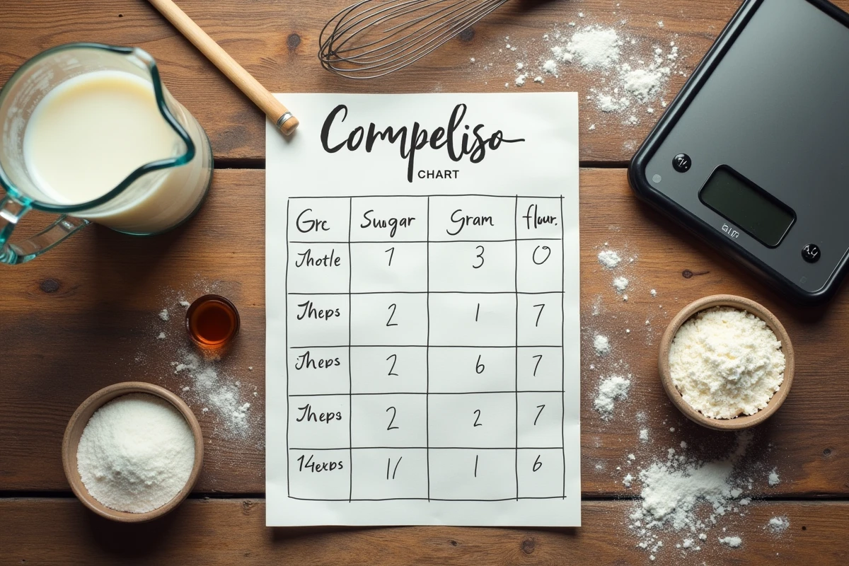Vue aérienne d'une table de cuisine avec un tableau de conversion grammes en centilitres manuscrit, un verre doseur et une balance numérique entourés d'ingrédients de pâtisserie