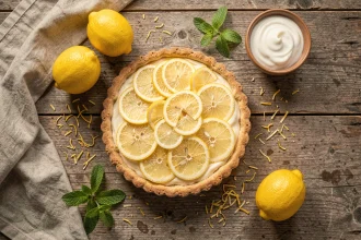 Tarte au citron sans lactose posée sur une table en bois rustique avec des citrons frais et de la crème de coco