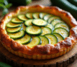 Tarte à la courgette fraîchement cuite sur table en bois