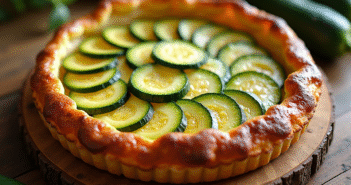 Tarte à la courgette fraîchement cuite sur table en bois
