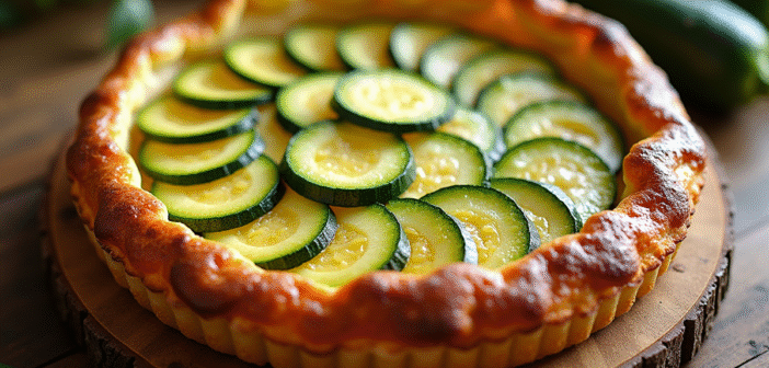 Tarte à la courgette fraîchement cuite sur table en bois