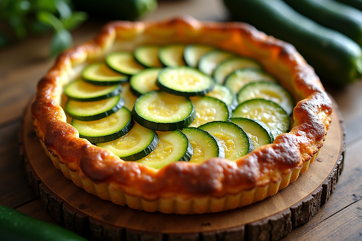 Tarte à la courgette fraîchement cuite sur table en bois