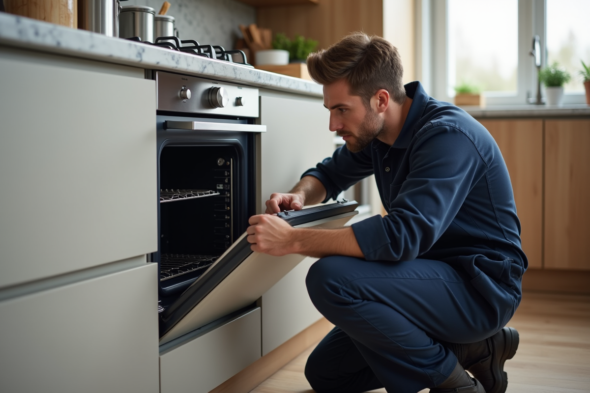 Jeune technicien en cuisine examinent un four encastré
