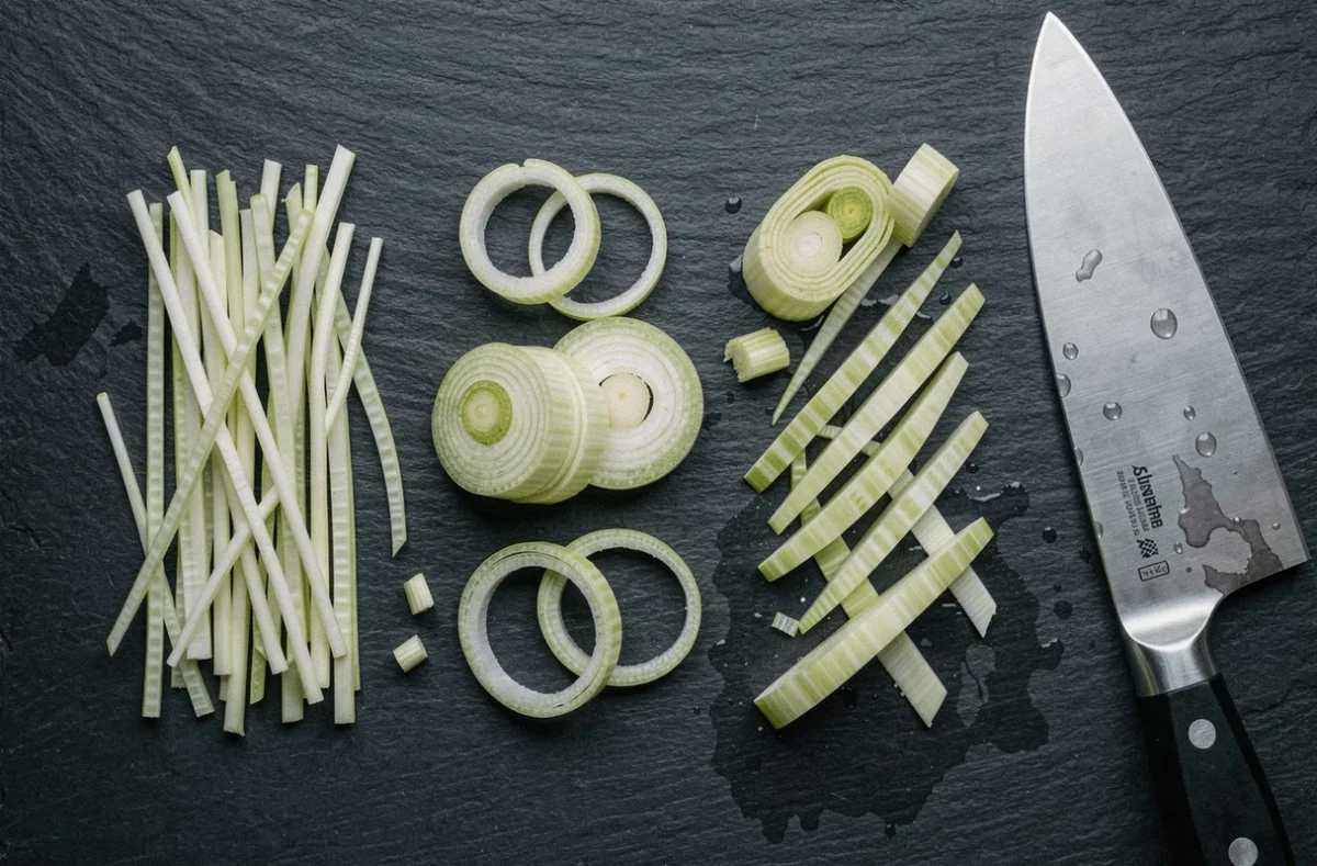 Différentes techniques de coupe de poireaux présentées en vue de dessus sur une ardoise sombre avec un couteau de chef