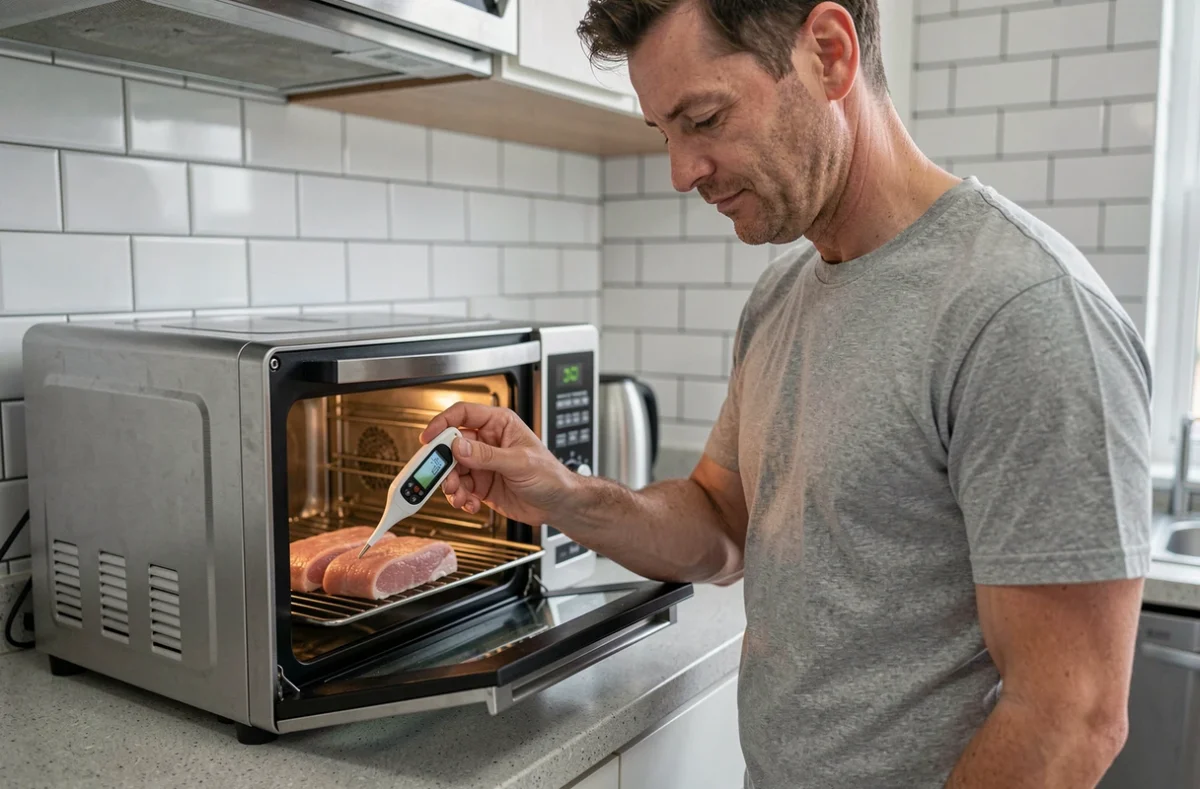 Homme vérifiant la cuisson de paupiettes de porc avec un thermomètre dans un four à convection compact