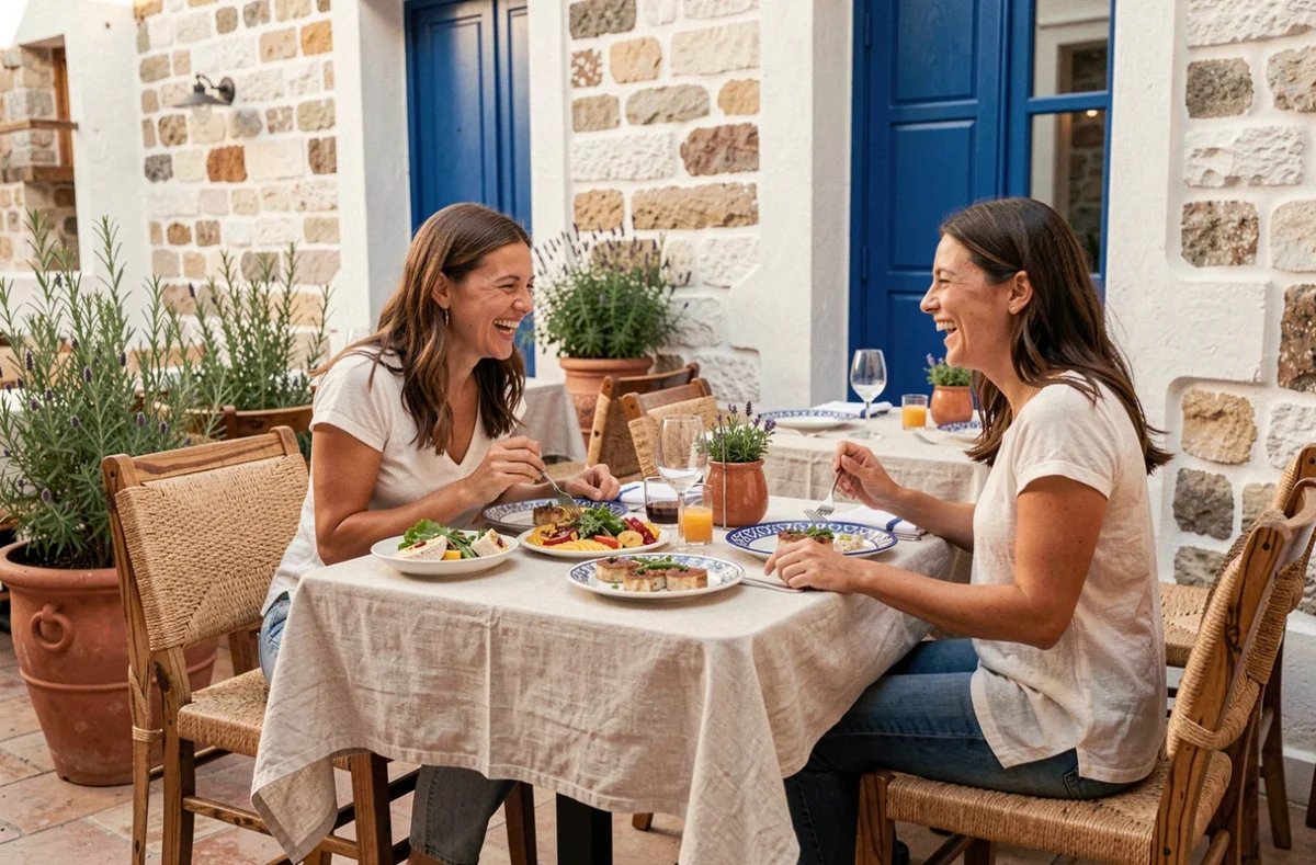 Terrasse raffinée du restaurant grec Thalie à Paris avec décor cycladique, assiettes de mezze colorés et mobilier en bois d'olivier