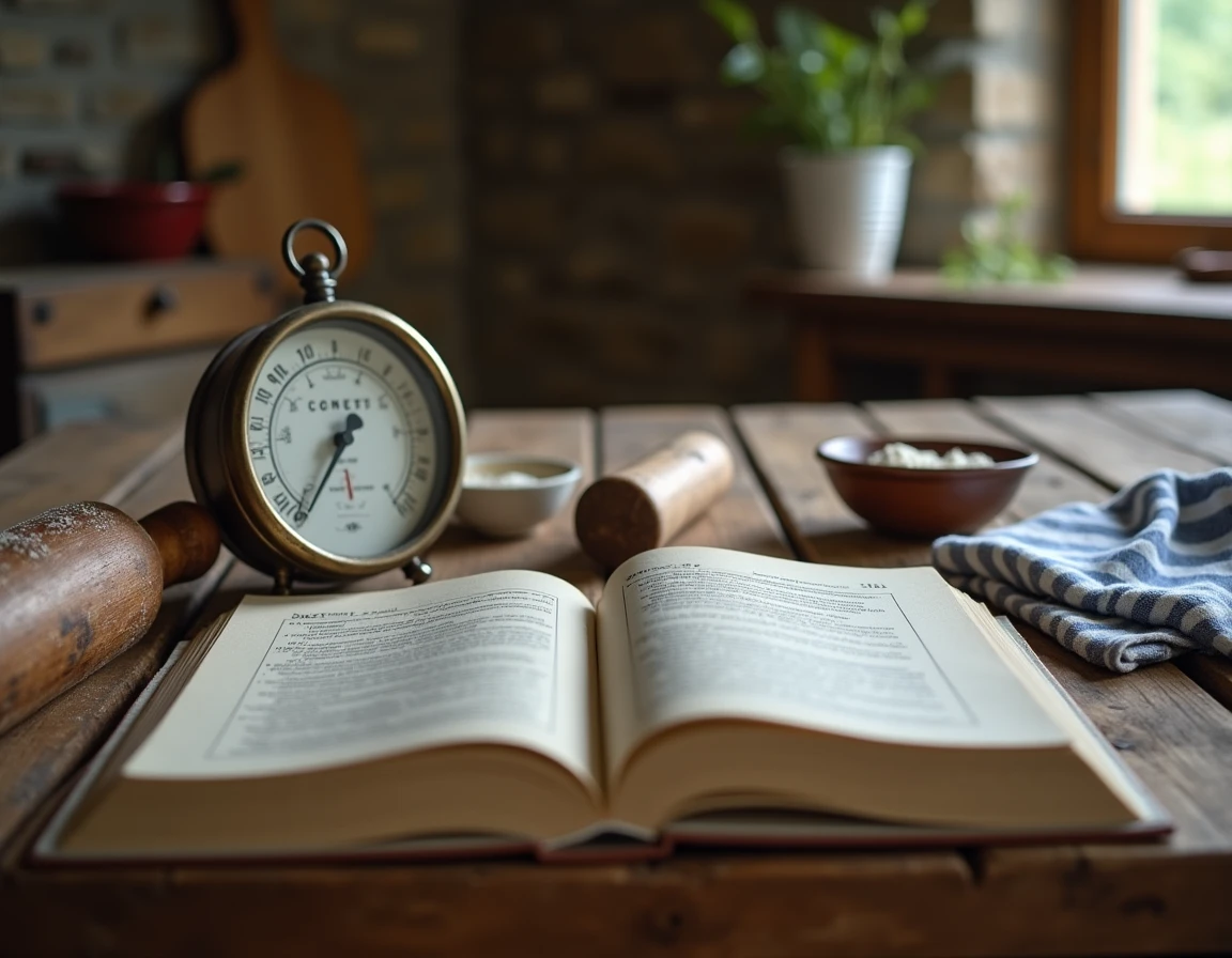 Thermomètre de four vintage et livre de recettes ouvert sur une table en bois avec indication de 180 degrés