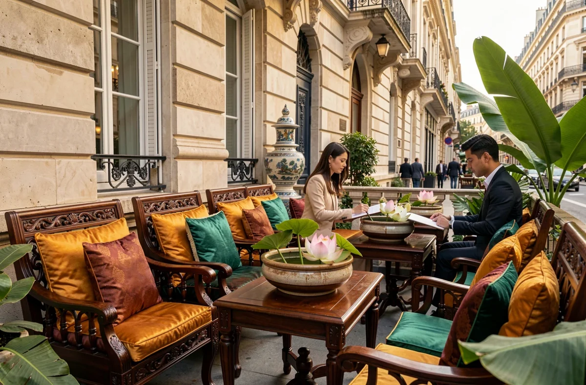 Terrasse élégante du restaurant thaïlandais Thiou dans le 8e arrondissement de Paris, avec mobilier en teck et décorations asiatiques raffinées