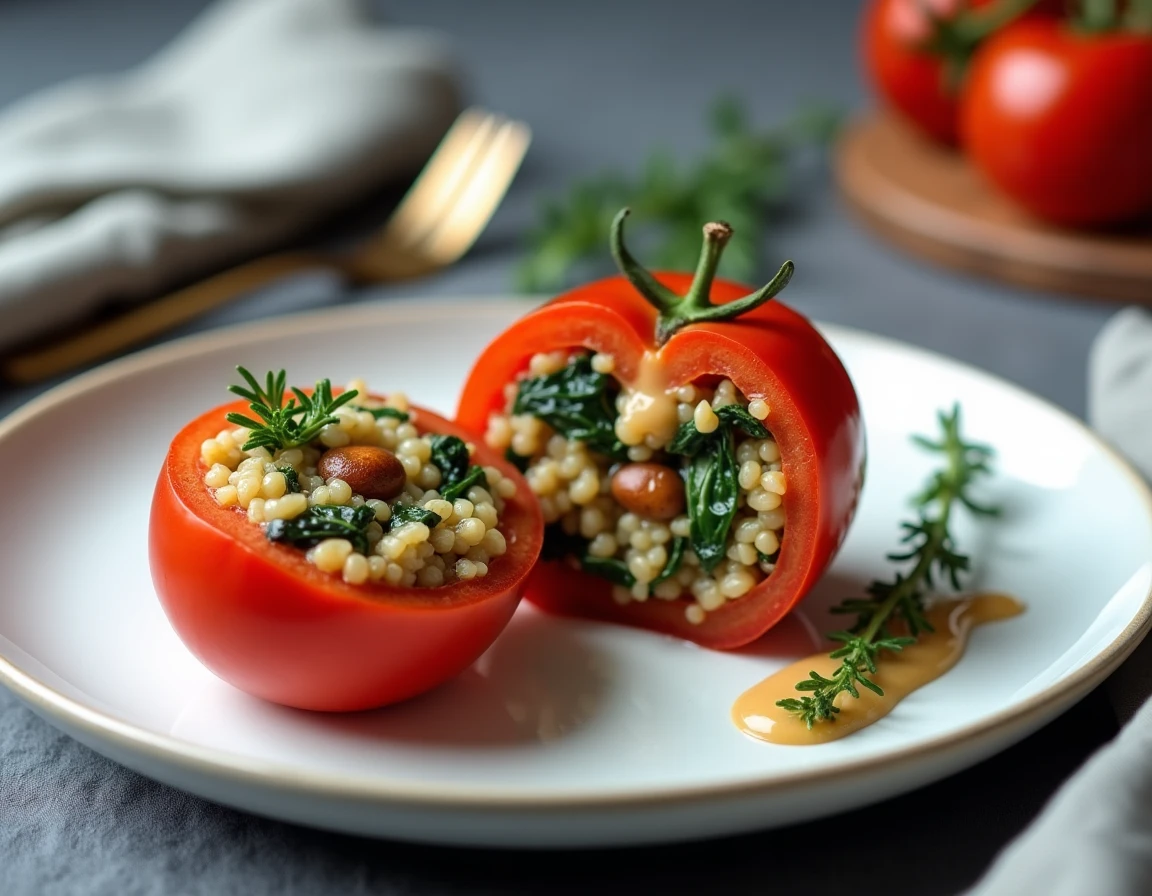 Tomate farcie végane ouverte révélant une garniture de couscous aux herbes, pignons et épinards nappée de tahini, servie sur une assiette blanche épurée