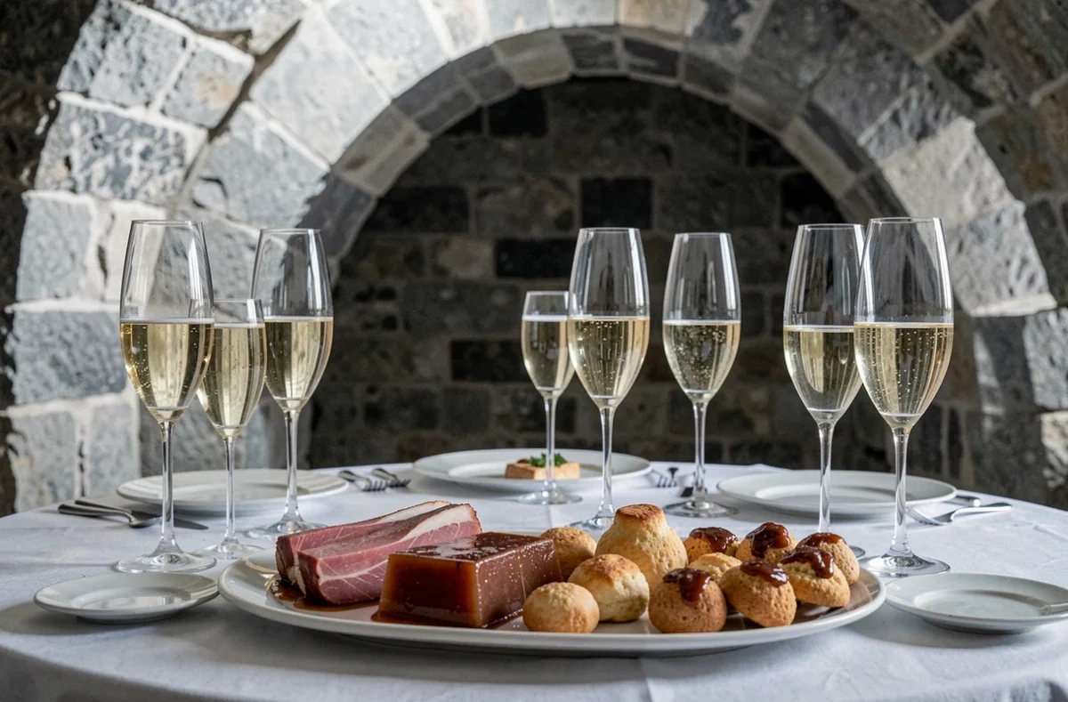 Table gastronomique de L'Épicurien Reims avec jambon de Reims en gelée, gougères et flûtes de champagne dans un espace aux voûtes de pierre champenoises