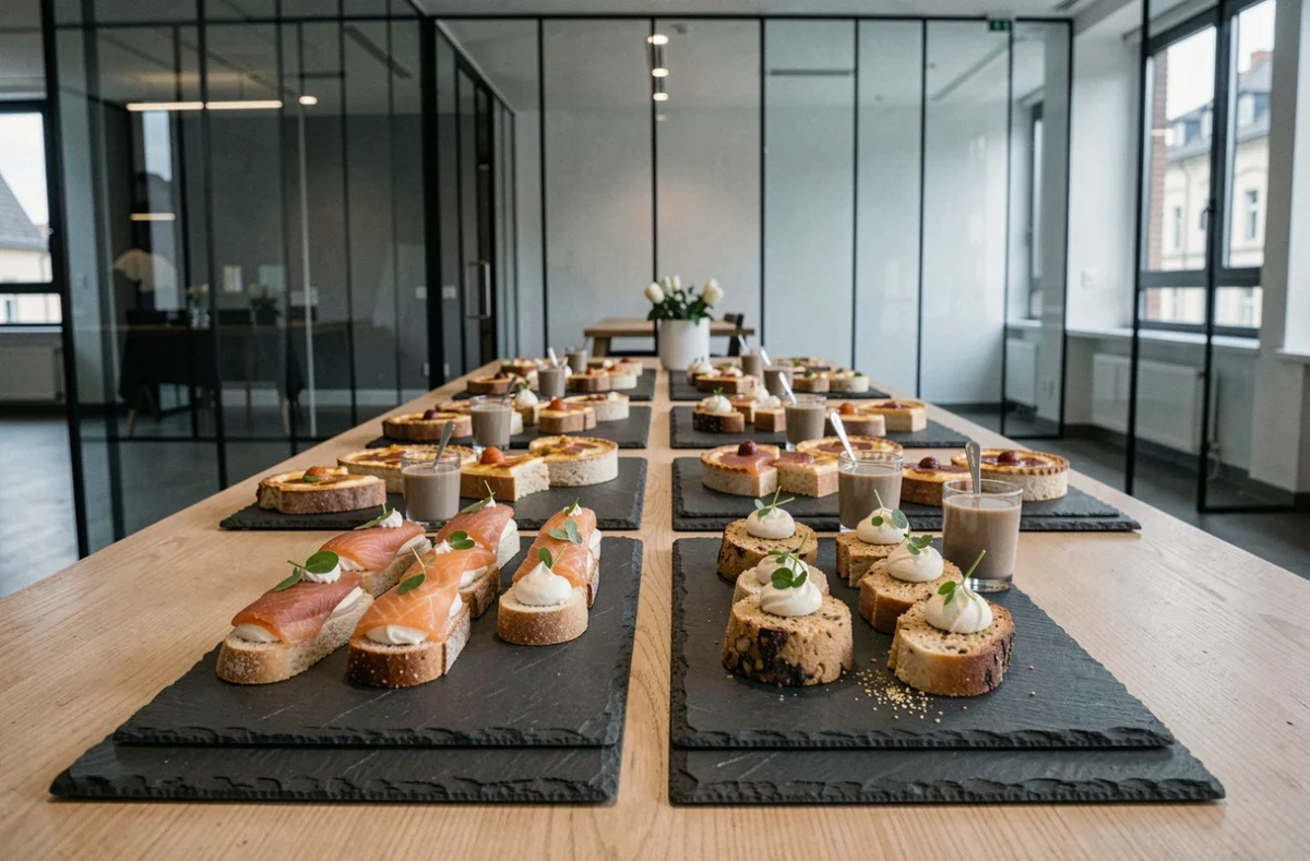Table de réception catering Jauss avec bouchées fusion franco-allemandes et verrines sur ardoises, dans un espace événementiel moderne de Strasbourg