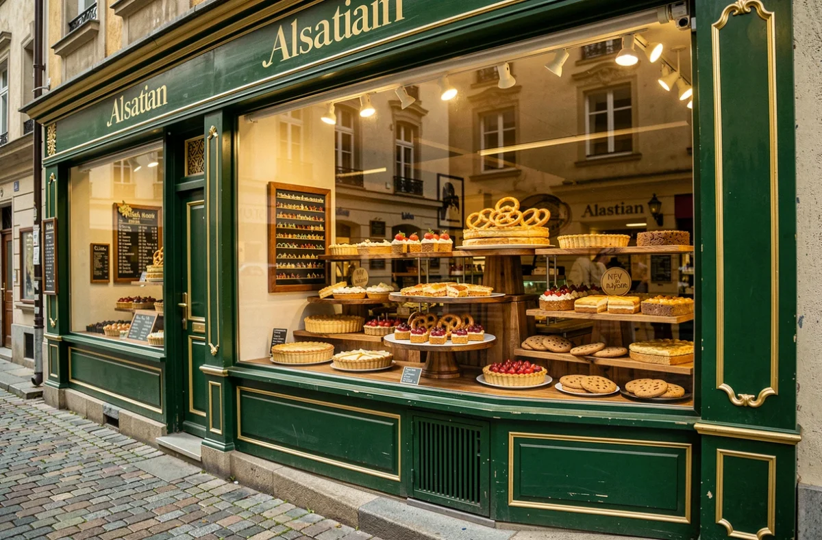 Devanture traditionnelle du Traiteur Lentz avec vitrine de spécialités alsaciennes incluant flammekueches, canapés bretzel et bredele sur présentoirs en bois