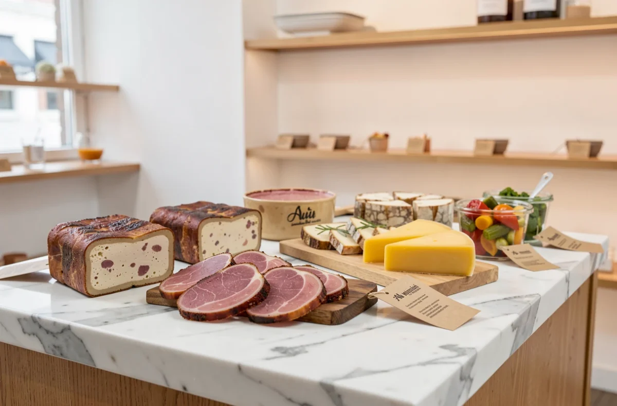 Étalage de spécialités du Traiteur Meyer avec terrines artisanales, magret de canard fumé et fromage Munster sur comptoir en marbre dans une boutique alsacienne moderne