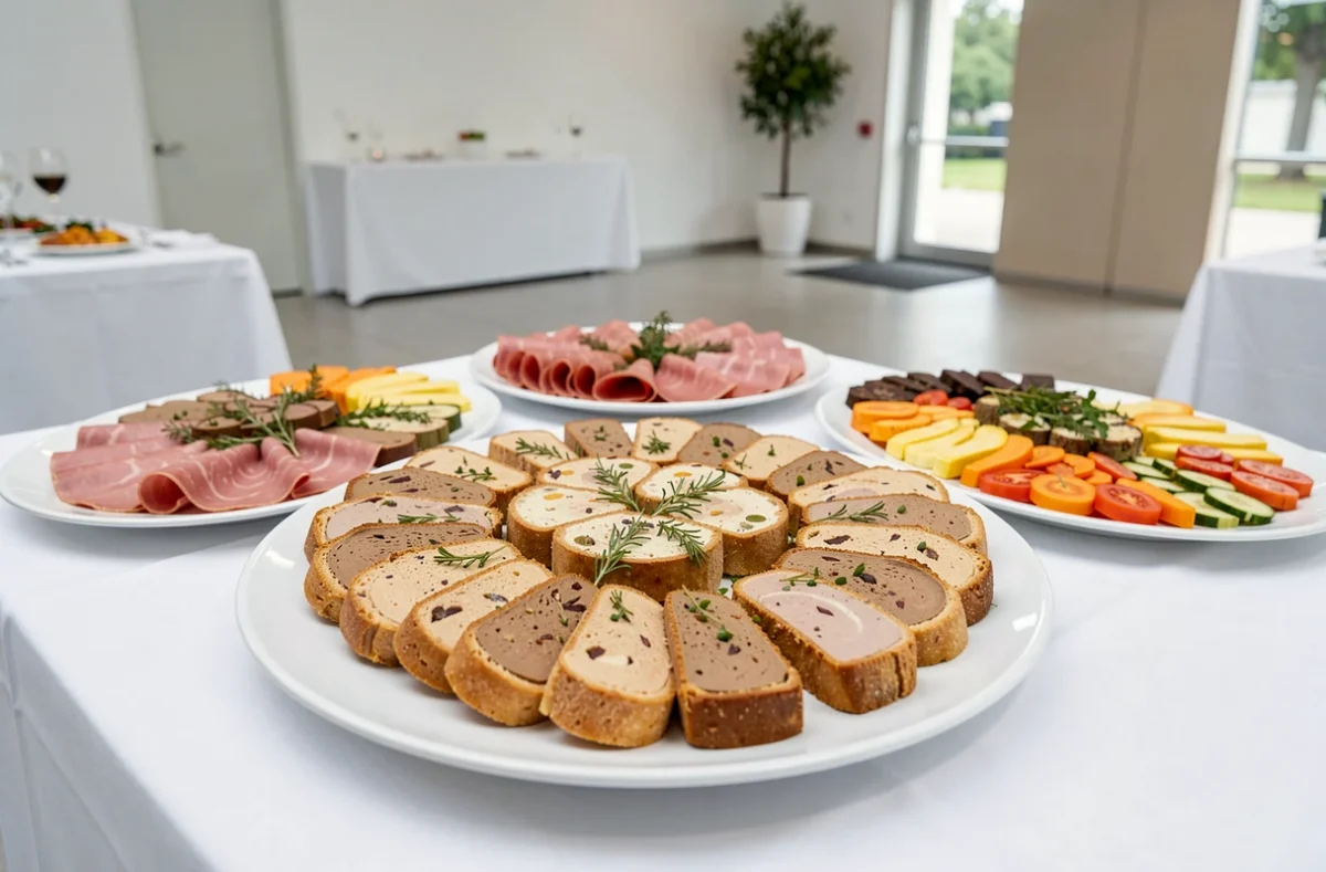Présentation gastronomique du Groupe Mussot avec pâtés en croûte et terrines de légumes sur porcelaine blanche lors d'un événement en salle