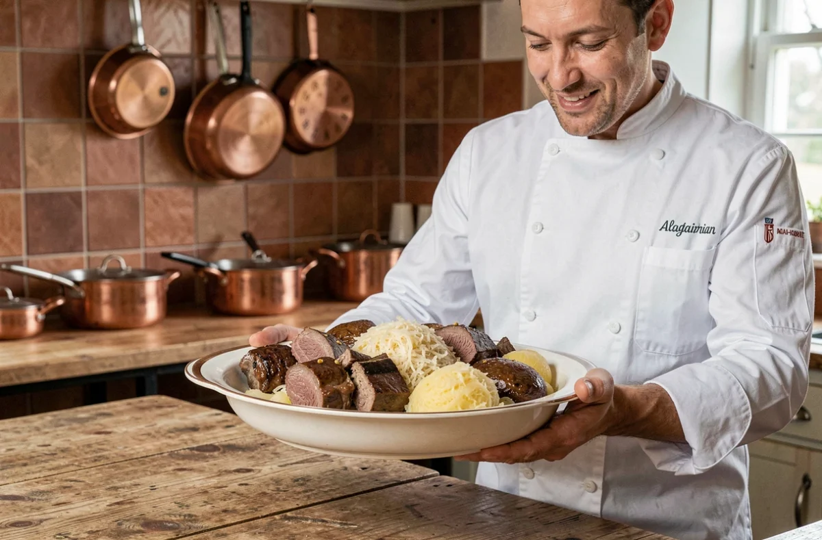 Chef traiteur de Schwoob présentant un plat traditionnel alsacien de choucroute garnie dans une cuisine de style winstub