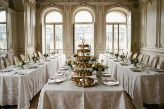 Buffet traiteur gastronomique élégant dans un salon parisien haussmannien pour un article sur les meilleurs traiteurs en Île-de-France