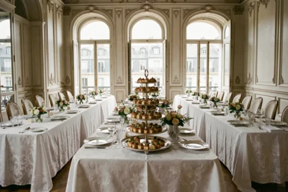 Buffet traiteur gastronomique élégant dans un salon parisien haussmannien pour un article sur les meilleurs traiteurs en Île-de-France