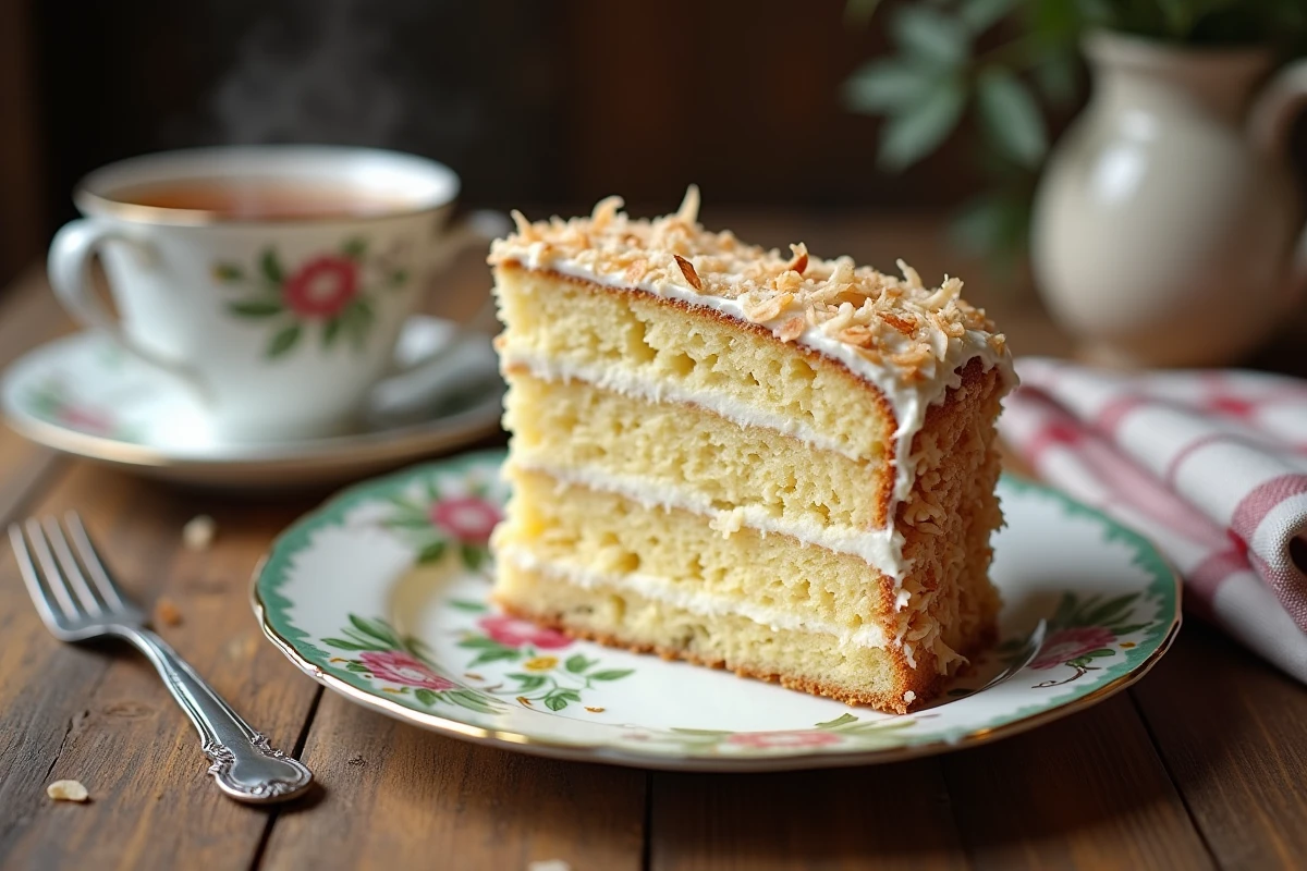Une tranche de gâteau à la noix de coco moelleux servie sur une assiette en porcelaine vintage avec une tasse de thé, ambiance chaleureuse de cuisine de campagne