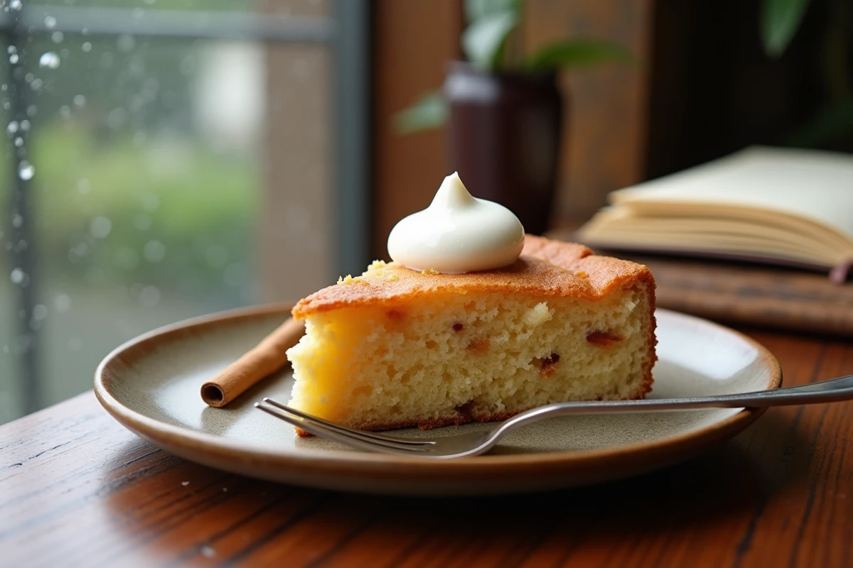 Tranche de gâteau à la compote de pomme sur une assiette en grès avec crème fraîche et bâton de cannelle, ambiance café automnal