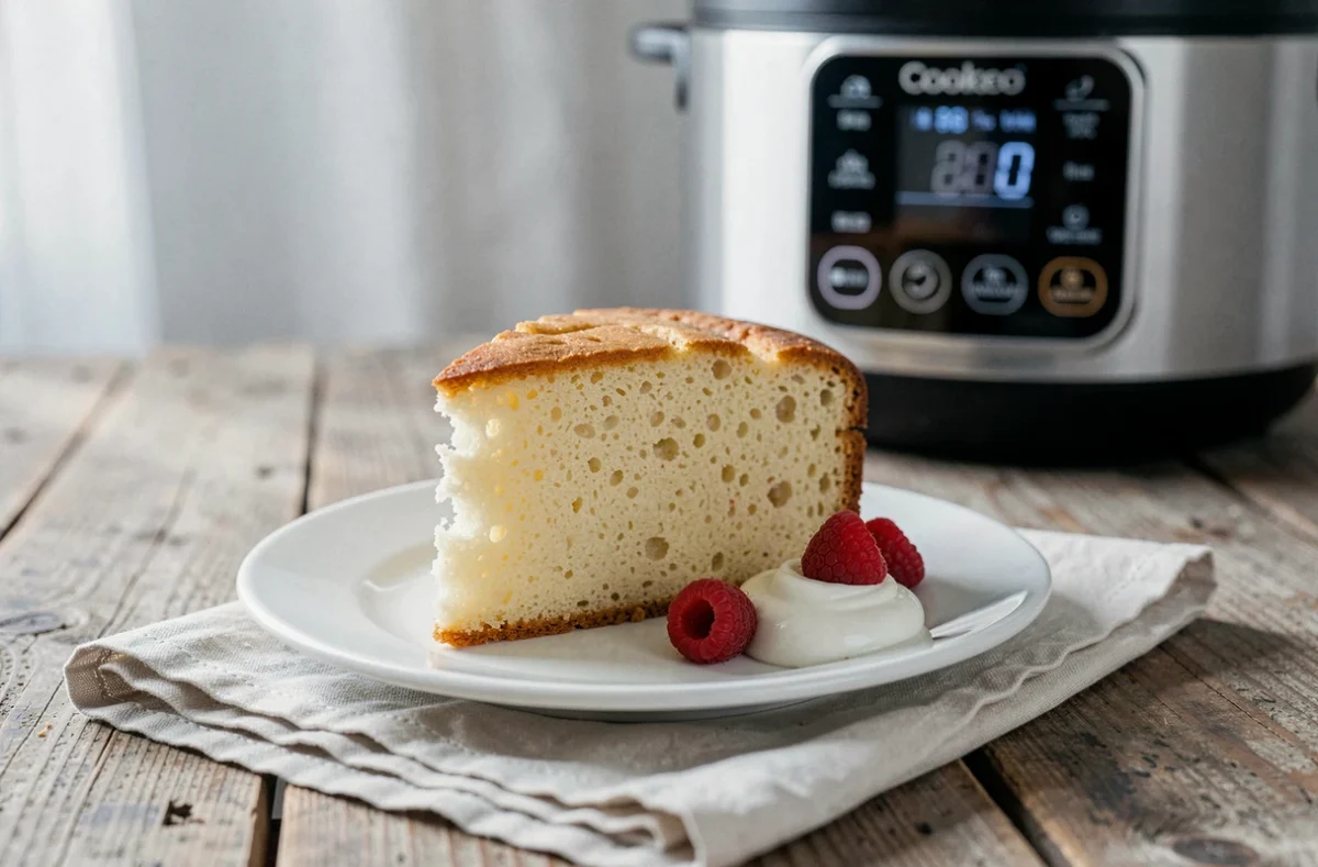 Tranche de gâteau au yaourt fait au Cookeo servie sur une assiette blanche avec des framboises fraîches et du yaourt nature