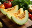Melon tranché sur planche en bois avec ingrédients frais
