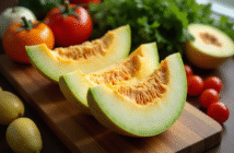 Melon tranché sur planche en bois avec ingrédients frais