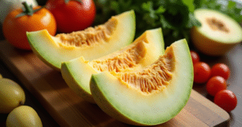 Melon tranché sur planche en bois avec ingrédients frais