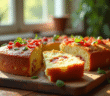 Gâteau de chorizo et feta tranché sur table en bois