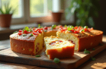 Gâteau de chorizo et feta tranché sur table en bois