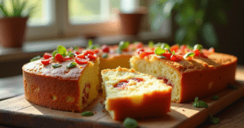 Gâteau de chorizo et feta tranché sur table en bois