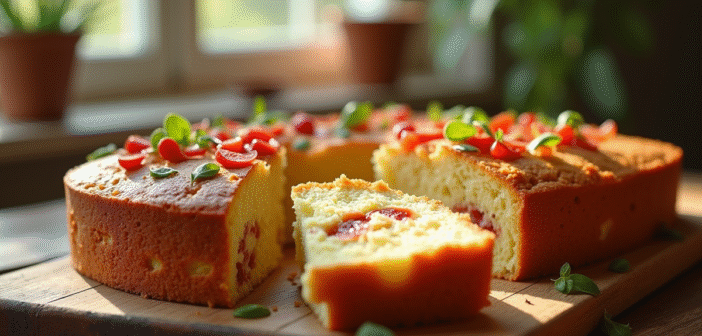 Gâteau de chorizo et feta tranché sur table en bois