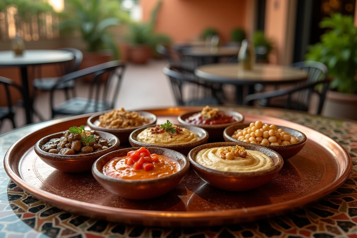 Assortiment de quatre variantes de houmous égyptien dans des bols en céramique peinte sur un plateau en cuivre dans un café au Caire