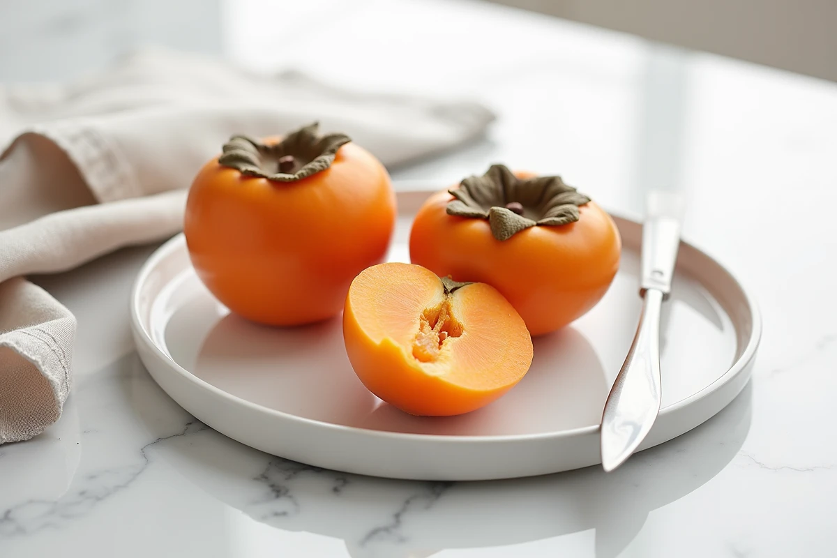 Deux variétés de kakis Fuyu et Hachiya tranchés sur une assiette en céramique blanche, comparaison de la chair orange sans amertume