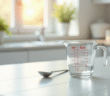 Verre mesure 250 ml sur plan de travail blanc lumineux