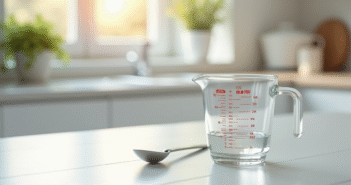 Verre mesure 250 ml sur plan de travail blanc lumineux